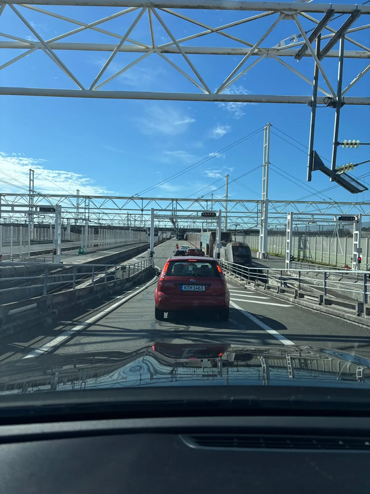 Cars boarding the Eurotunnel shuttle at Calais