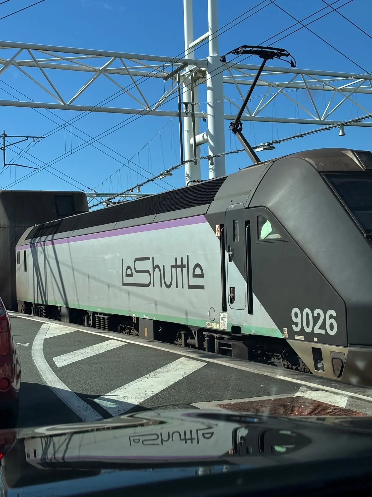 LeShuttle locomotive 9026 on the Coquelles platform before the Calais to Folkestone crossing