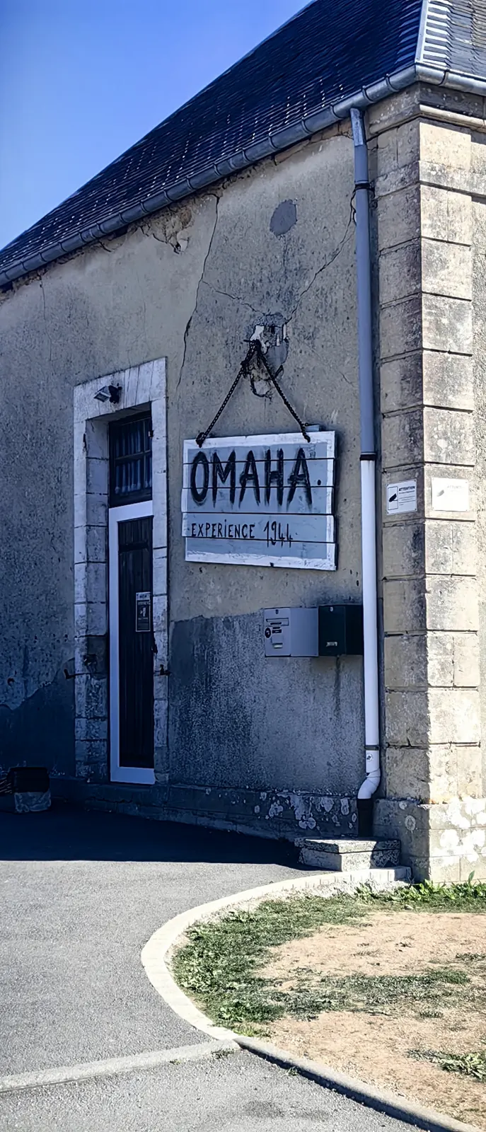 Entrance sign of the Omaha Beach Memorial Museum at Saint-Laurent-sur-Mer, Normandy