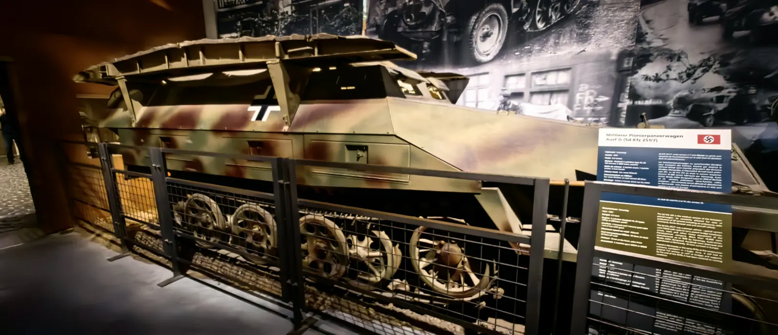 German Sd.Kfz. 251/7 engineers' half-track with its information panel inside the Overlord Museum Omaha Beach, Colleville-sur-Mer